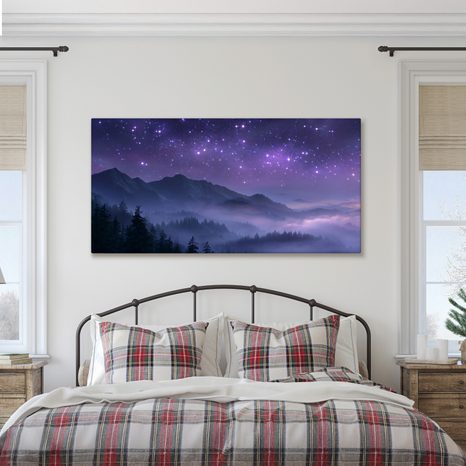 QUADRO SU TELA – NEBULOSA NOTTURNA TRA LE MONTAGNE - QUADRI MONTAGNE - STAMPE E QUADRI