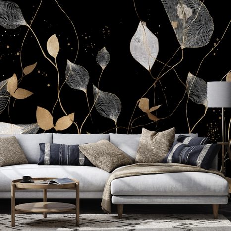 SAMOLEPIACA FOTOTAPETA ZLATÉ A BIELE LISTY NA ČIERNEJ - TAPETY LISTY - TAPETY