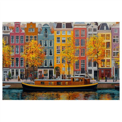 OBRAZ PODZIMNÍ KANÁLY AMSTERDAMU - BAREVNÉ DOMY - OBRAZY