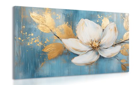 TABLEAU SUR TOILE – FLEUR BLANCHE AUX FEUILLES DORÉES - TABLEAUX - 🔥 VENTE TOTALE