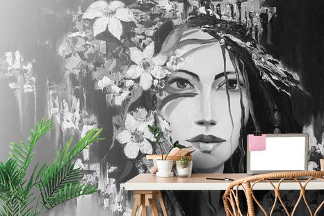 WALLPAPER BLACK AND WHITE ORIGINAL PAINTING OF A WOMAN - BLACK AND WHITE WALLPAPERS - WALLPAPERS