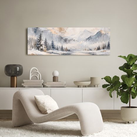 TABLEAU SUR TOILE – VALLÉE BRUMEUSE EN PAYSAGE HIVERNAL - TABLEAUX DE MONTAGNE - TABLEAUX