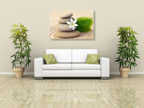 QUADRO SU TELA – FIORE BIANCO E PIETRE NELLA SABBIA - QUADRI FENG SHUI - STAMPE E QUADRI