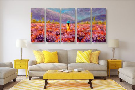 5-RÉSZES KÉP LEÁNYKA SÁRGA RUHÁBAN LEVANDULA MEZŐN - TERMÉSZET- ÉS TÁJKÉPEK - KÉPEK