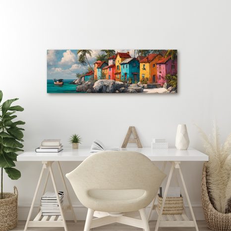 WANDBILD TROPISCHES IDYLL MIT PALMEN - BUNTE HÄUSER - BILDER