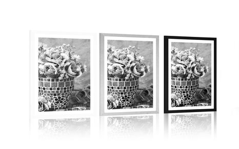 PLAKAT S PASPARTUJEM CVETOVI NAGLJA V LONČKU IZ MOZAIKA V ČRNOBELI VARIANTI - ČRNOBELI - PLAKATI