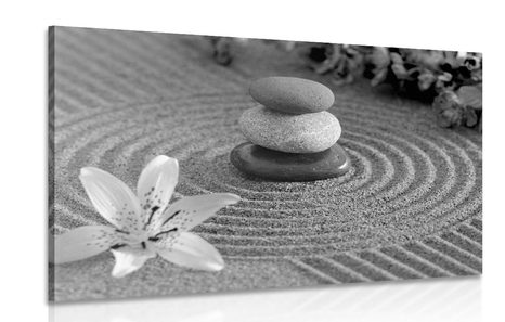 WANDBILD ZEN-GARTEN UND STEINE IM SAND IN SCHWARZ-WEISS - SCHWARZ-WEISSE BILDER - BILDER