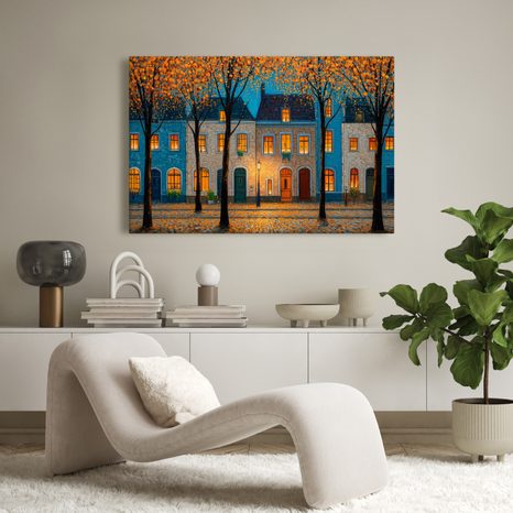 OBRAZ PODZIMNÍ VEČER V ULICI - BAREVNÉ DOMY - OBRAZY