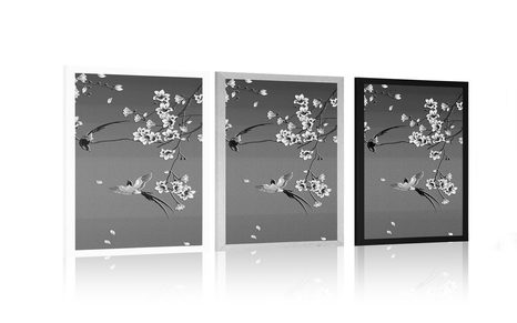 POSTER SCHWARZ-WEISSE VÖGLEIN AUF DEM BAUMZWEIG - SCHWARZ-WEISS - POSTER