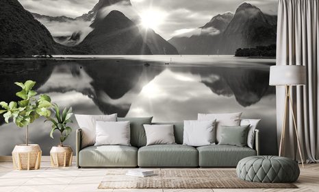 SAMOLEPÍCÍ FOTOTAPETA ČERNOBÍLÝ VÝCHOD SLUNCE NA NOVÉM ZÉLANDU - SAMOLEPÍCÍ TAPETY - TAPETY