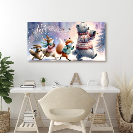 OBRAZ ZIMNÍ PRŮVOD ZVÍŘÁTEK S MELODIÍ - DĚTSKÉ OBRAZY ZVÍŘÁTKA - OBRAZY