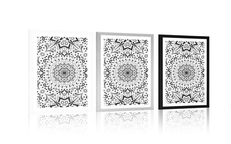 POSTER MIT PASSEPARTOUT EINZIGARTIGES ETHNISCHES MUSTER IN SCHWARZ-WEISS - SCHWARZ-WEISS - POSTER