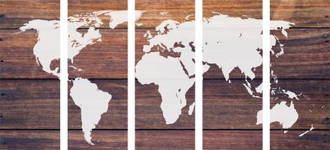 5-DÍLNÝ OBRAZ MAPA SVĚTA S DŘEVĚNÝM POZADÍM - OBRAZY MAPY - OBRAZY