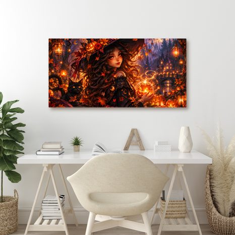QUADRO SU TELA – STREGA AUTUNNALE E GATTO NERO - QUADRI HALLOWEEN E HORROR - STAMPE E QUADRI