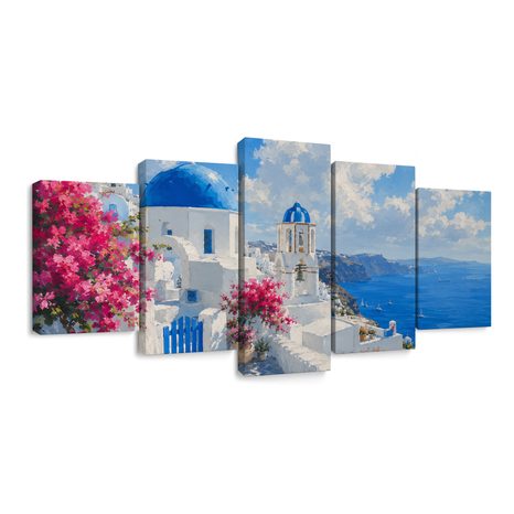 TABLEAU EN 5 PARTIES – MAISONS BLANCHES DE SANTORIN AU BORD DE LA MER - TABLEAUX DE LA MER ET DE LA PLAGE - TABLEAUX