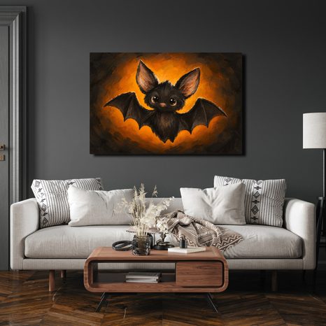 QUADRO SU TELA – PIPISTRELLO ADORABILE NEL BAGLIORE ARANCIONE - QUADRI HALLOWEEN E HORROR - STAMPE E QUADRI