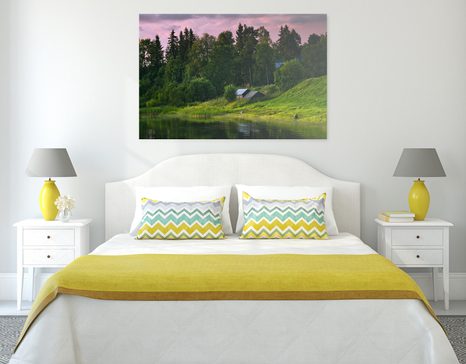 WANDBILD MÄRCHENHAFTE HÄUSER AM FLUSS - BILDER VON NATUR UND LANDSCHAFT - BILDER