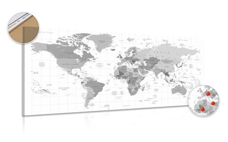 DECORATIVE PINBOARD GRAY MAP ON A WHITE BACKGROUND - PICTURES ON CORK - PICTURES