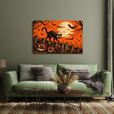 QUADRO SU TELA – GATTO NERO SOTTO LA LUNA - QUADRI HALLOWEEN E HORROR - STAMPE E QUADRI