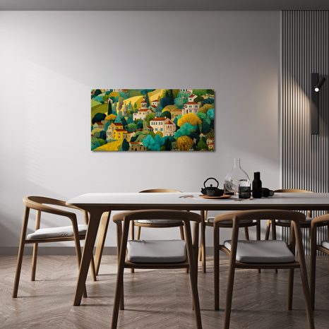 OBRAZ HARMONICKÉ SOUŽITÍ DOMŮ A STROMŮ - BAREVNÉ DOMY - OBRAZY