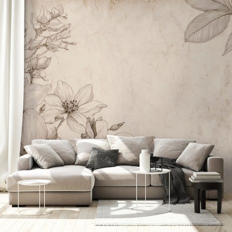 ZELFKLEVEND FOTOBEHANG VINTAGE BLOEMENILLUSTRATIES OP BEIGE ACHTERGROND - FOTOBEHANG BLOEMEN - FOTOBEHANG