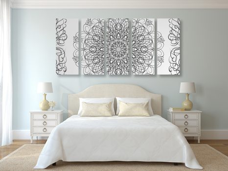 5-RÉSZES KÉP VIRÁGOS MANDALA FEKETE FEHÉRBEN - FEKETE-FEHÉR KÉPEK - KÉPEK