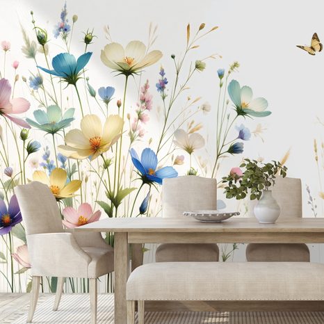 SAMOLEPÍCÍ TAPETA PASTELOVÉ KVĚTINY A LÉTAJÍCÍ MOTÝLI - ΤΑΠΕΤΣΑΡΊΑ ΜΕ ΛΟΥΛΟΎΔΙΑ - ΤΑΠΕΤΣΑΡΊΕΣ