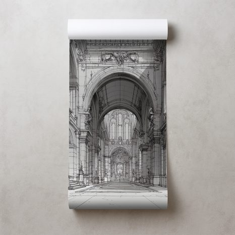 TAPETA HISTORYCZNA ARCHITEKTURA W CZARNO-BIAŁYM RYSUNKU - TAPETA CZARNOBIAŁA - TAPETY
