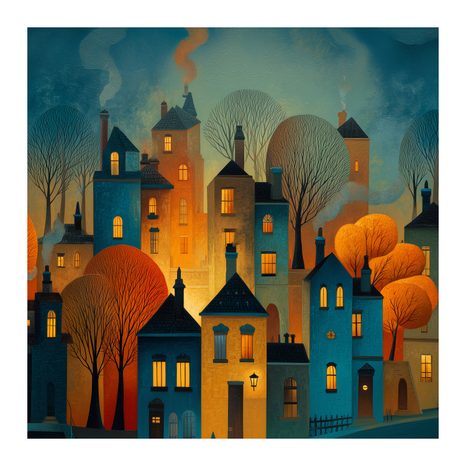 WANDBILD FESTLICHE ABENDSTIMMUNG - BUNTE HÄUSER - BILDER