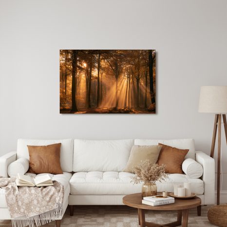 TABLEAU SUR TOILE – RAYONS DORÉS DANS LA FORÊT - TABLEAUX FORÊT - TABLEAUX