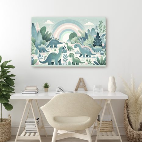WANDBILD FRÖHLICHE DINOSAURIER IM MÄRCHENWALD - KINDERBILDER TIERE - BILDER