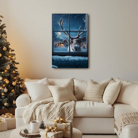 VÁNOČNÍ OBRAZ ROZTOMILÝ SOB ZA ZASNĚŽENÝM OKNEM - VÁNOČNÍ A ZIMNÍ OBRAZY - PICTURES