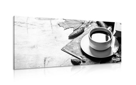 CANVAS PRINT CUP OF COFFEE IN AN AUTUMNAL FEEL IN BLACK AND WHITE - BLACK AND WHITE PICTURES - PICTURES