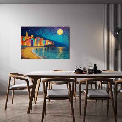 OBRAZ NOČNÍ MĚSTO U MOŘE - BAREVNÉ DOMY - OBRAZY