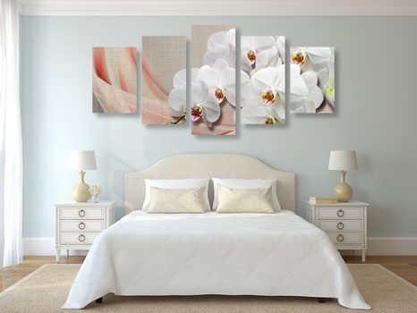 TABLOU 5-PIESE ORHIDEE ALBĂ PE O PÂNZĂ - TABLOU FLORI - TABLOURI