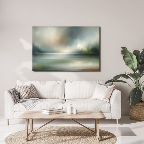 WANDBILD NEBLIGES PANORAMA MIT WASSERFLÄCHE - ABSTRAKTE BILDER - BILDER