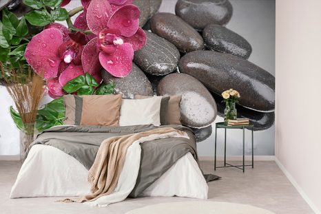 CARTA DA PARATI – ORCHIDEA FIORITA E PIETRE BENESSERE - CARTA DA PARATI FENG SHUI - CARTA DA PARATI