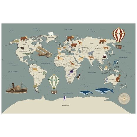 SAMOLEPÍCÍ TAPETA ILUSTROVANÁ MAPA SVĚTA SE ZVÍŘATY - DĚTSKÉ TAPETY - TAPETY