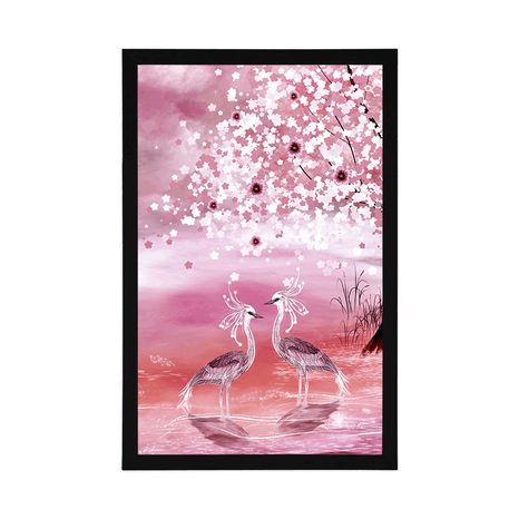 POSTER REIHER UNTER EINEM BEZAUBERNDEN BAUM IN ROSA - TIERE - POSTER