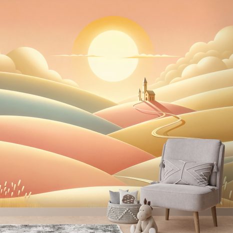 SELBSTKLEBENDE TAPETE PASTELLFARBENE LANDSCHAFT MIT KIRCHE - TAPETEN FELDER UND WIESEN - TAPETEN