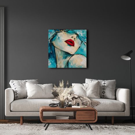 TABLEAU SUR TOILE – VISAGE FÉMININ ABSTRAIT EN TURQUOISE - TABLEAUX DE FEMMES - TABLEAUX