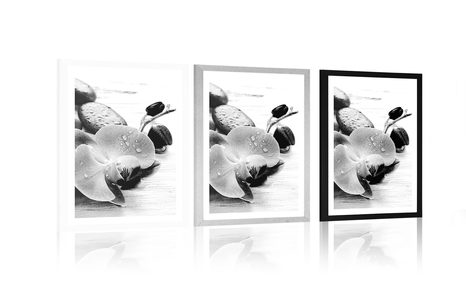 AFFICHE AVEC PASSE-PARTOUT – HARMONIE MAGIQUE DE PIERRES ET ORCHIDÉE EN NOIR ET BLANC - NOIR ET BLANC - AFFICHES