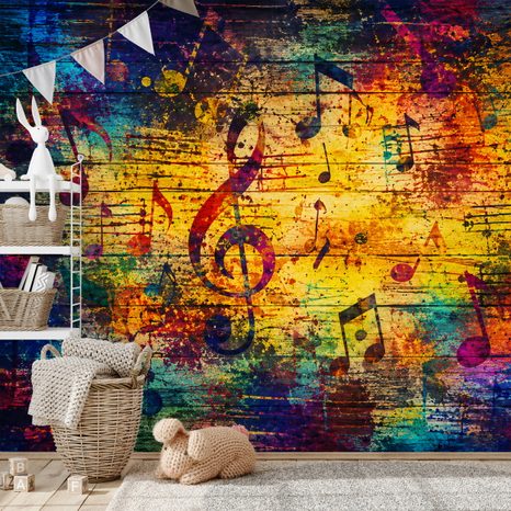 TAPETE BUNTE MUSIKNOTEN AUF HOLZ - MUSIK FOTOTAPETEN - TAPETEN