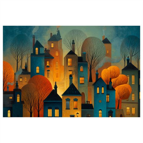 OBRAZ ZIMNÍ POHÁDKA NOČNÍHO MĚSTA - BAREVNÉ DOMY - OBRAZY