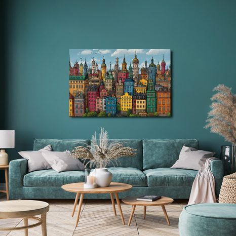 WANDBILD BUNTE STADTPANORAMA - BUNTE HÄUSER - BILDER