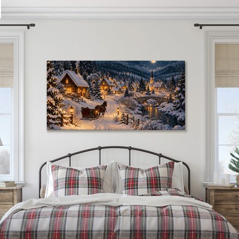 CANVASTAVLA SNÖTÄCKT BERGSBY OM NATTEN - JUL- OCH VINTERTAVLOR - TAVLOR