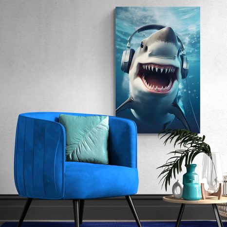 QUADRO SU TELA – SQUALO CON CUFFIE - QUADRI DI ANIMALI DA FESTA CON LE CUFFIE - STAMPE E QUADRI