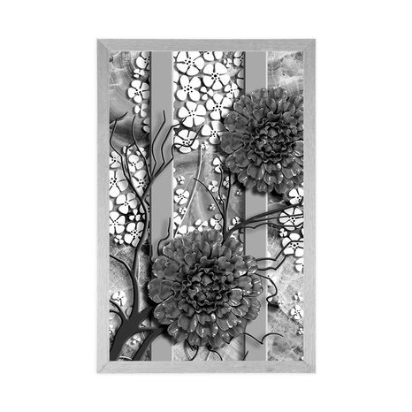 PLAKAT APSTRAKTNO CVIJEĆE NA MRAMORASTOJ POZADINI U CRNO-BIJELOM DIZAJNU - CRNO-BIJELE - PLAKATI