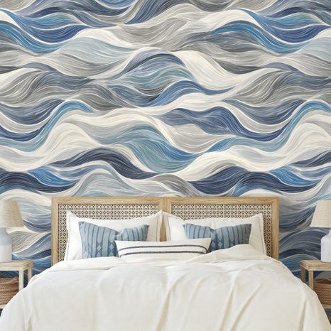 SAMOLEPÍCÍ TAPETA MODRÉ VLNY NA ŠEDÉM POZADÍ - VZOROVANÉ TAPETY - TAPETY