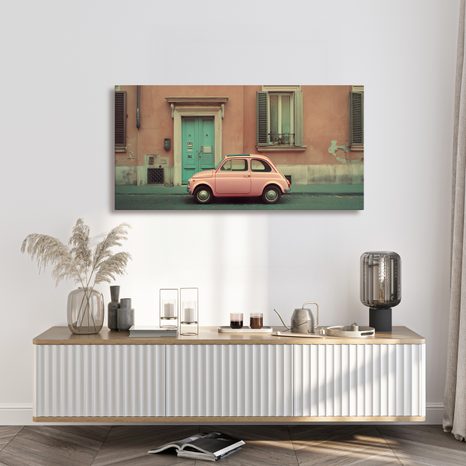 OBRAZ VINTAGE AUTO PŘED DOMEM - OBRAZY AUT - OBRAZY